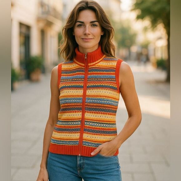 Liz Claiborne NYC Y2K Colorful Boho Fair Isle Mock Neck Full Zip Sweater Vest L - Picture 1 of 10